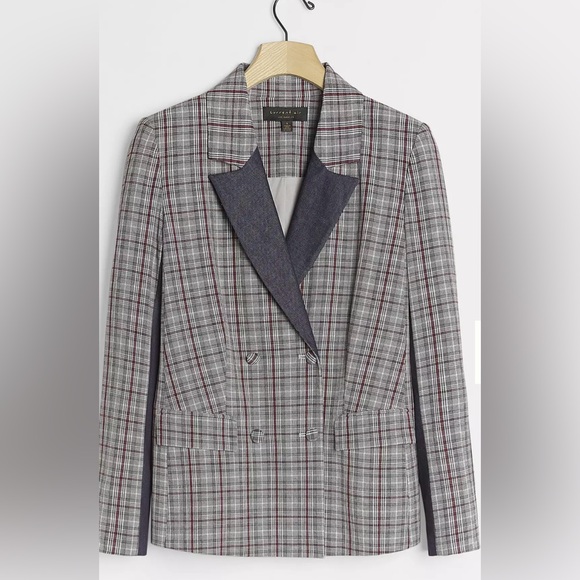 Anthropologie: Aidan Denim Trimmed Plaid Blazer - Picture 1 of 11